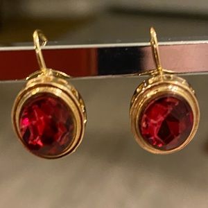 Stunning 14kt gold plated over 925 sterling silver Ruby drop earrings side clasp